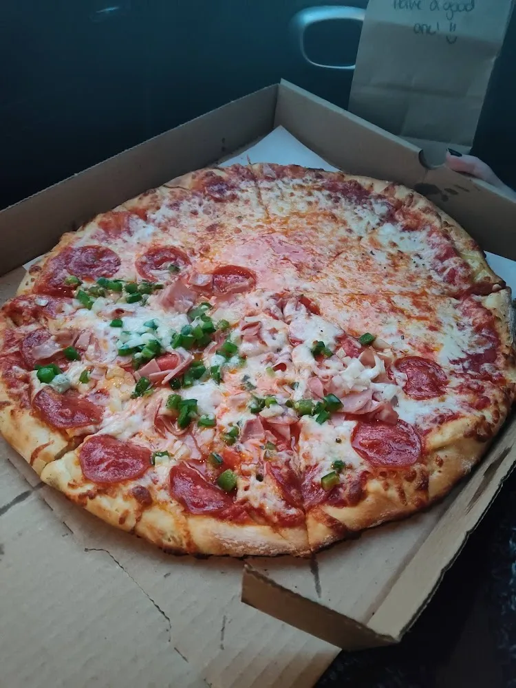 Large Half Cheese Half Pepperoni Ham Onions and Peppers